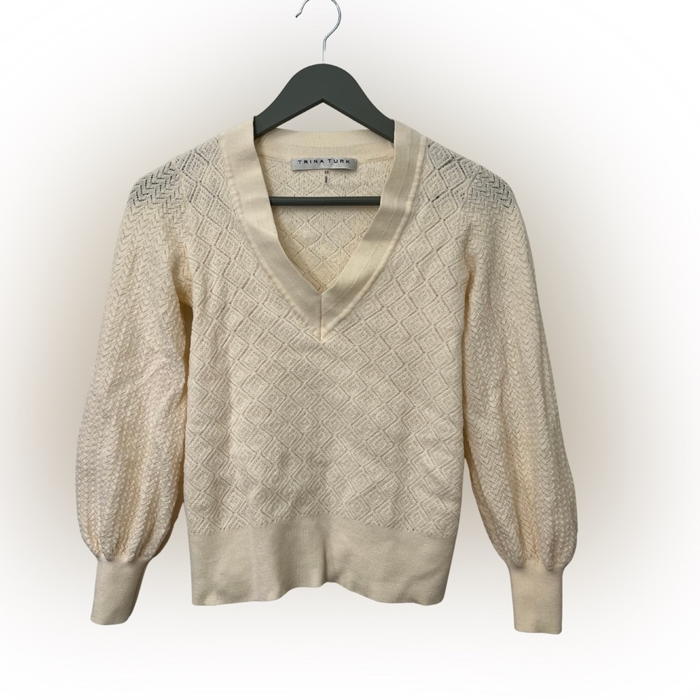 Trina Turk 3/4 Sleeve Merino Wool Textured Knit Sweater Cream XS Cottagecore
